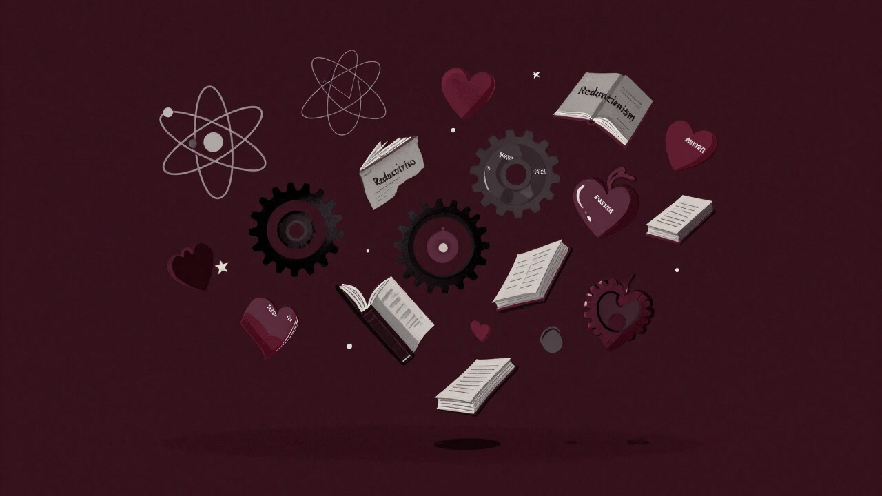 破片や分子モデルが漂う空間に浮かぶ還元主義を象徴するイラスト