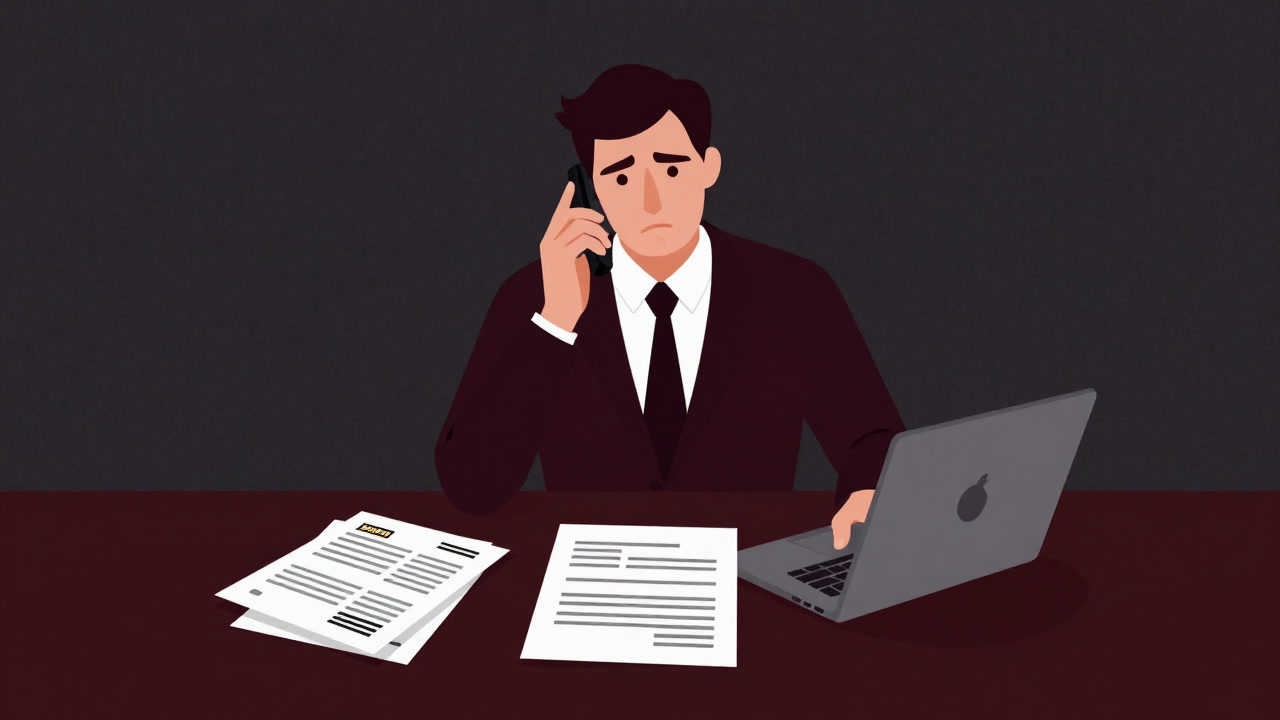 Silhouette of an HR person holding a phone with a stack of resumes in front, looking uneasy