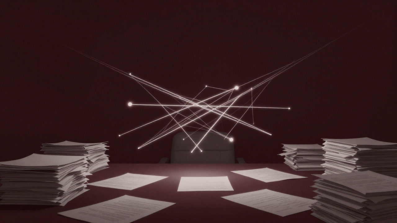 A desk buried under piles of documents with reference links spreading like cobwebs