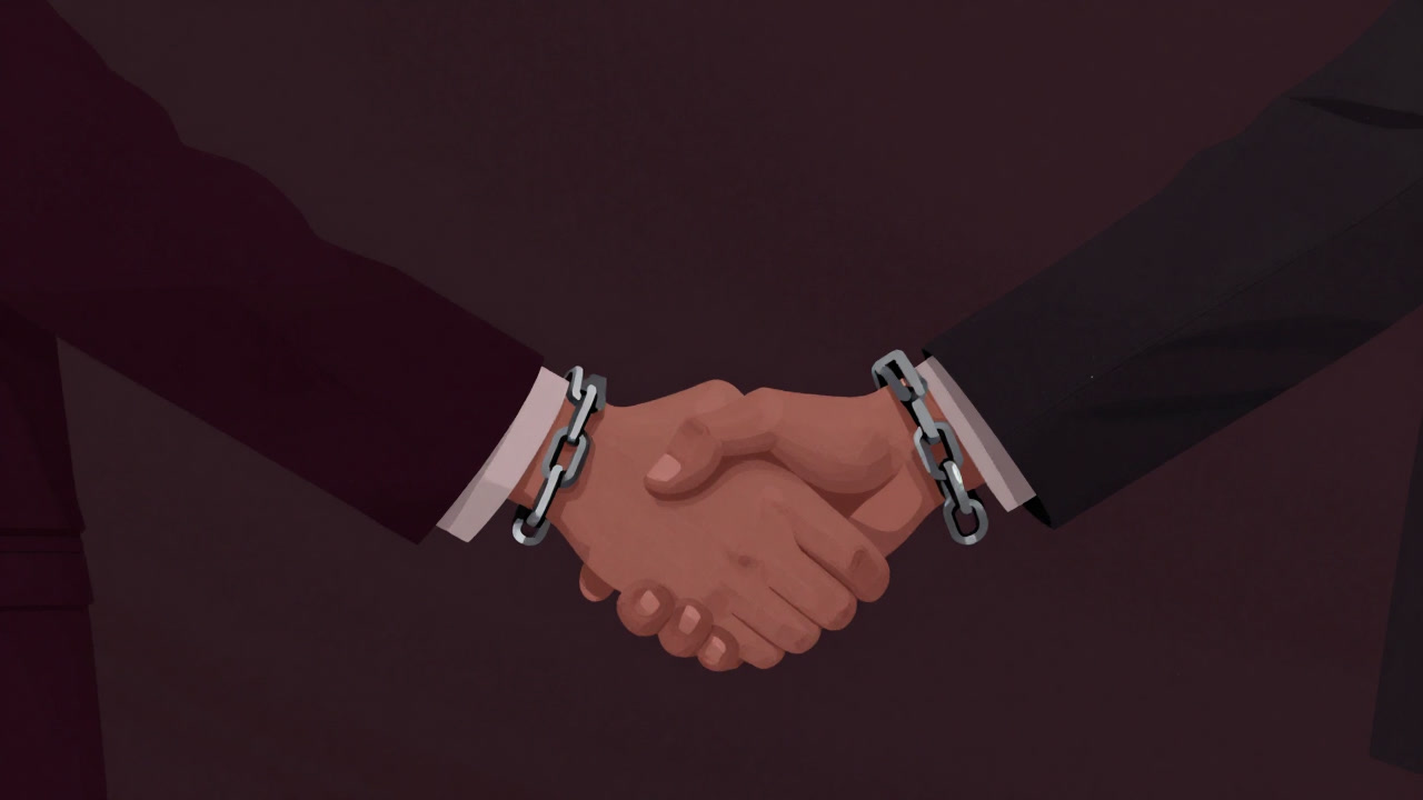 Illustration of two figures shaking hands that turns into shackles symbolizing a binding connection