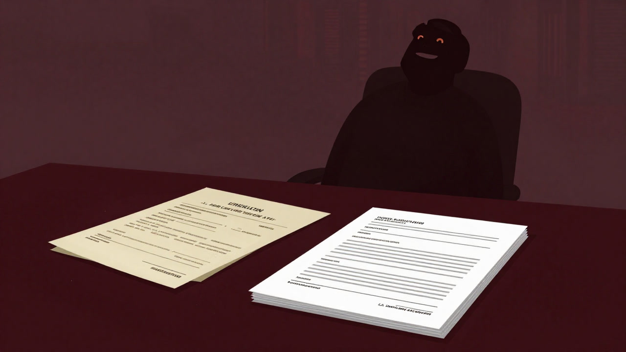Silhouette of a borrower smiling in the corner of a desk, hiding old documents under a new stack