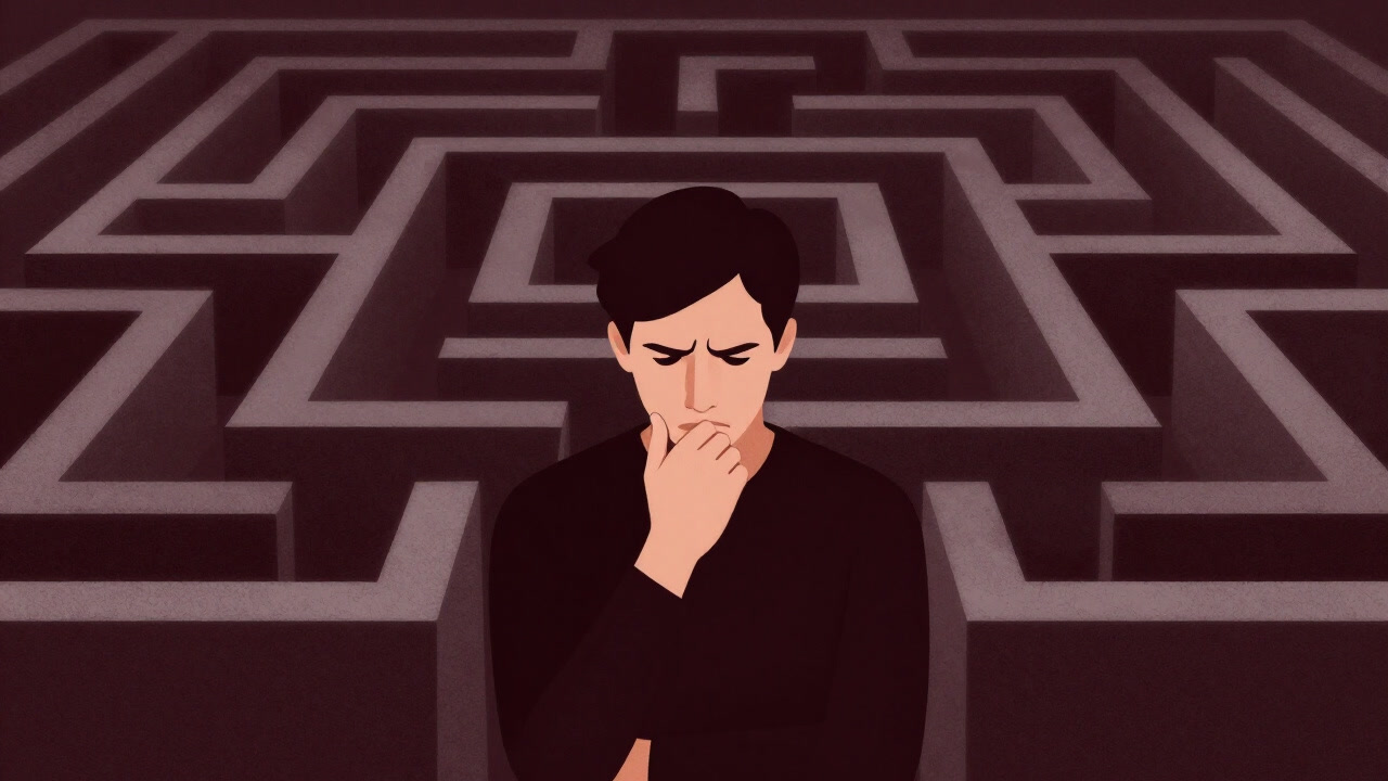 Illustration of a person furrowing their brow in deep thought, standing against a backdrop of an infinite maze.