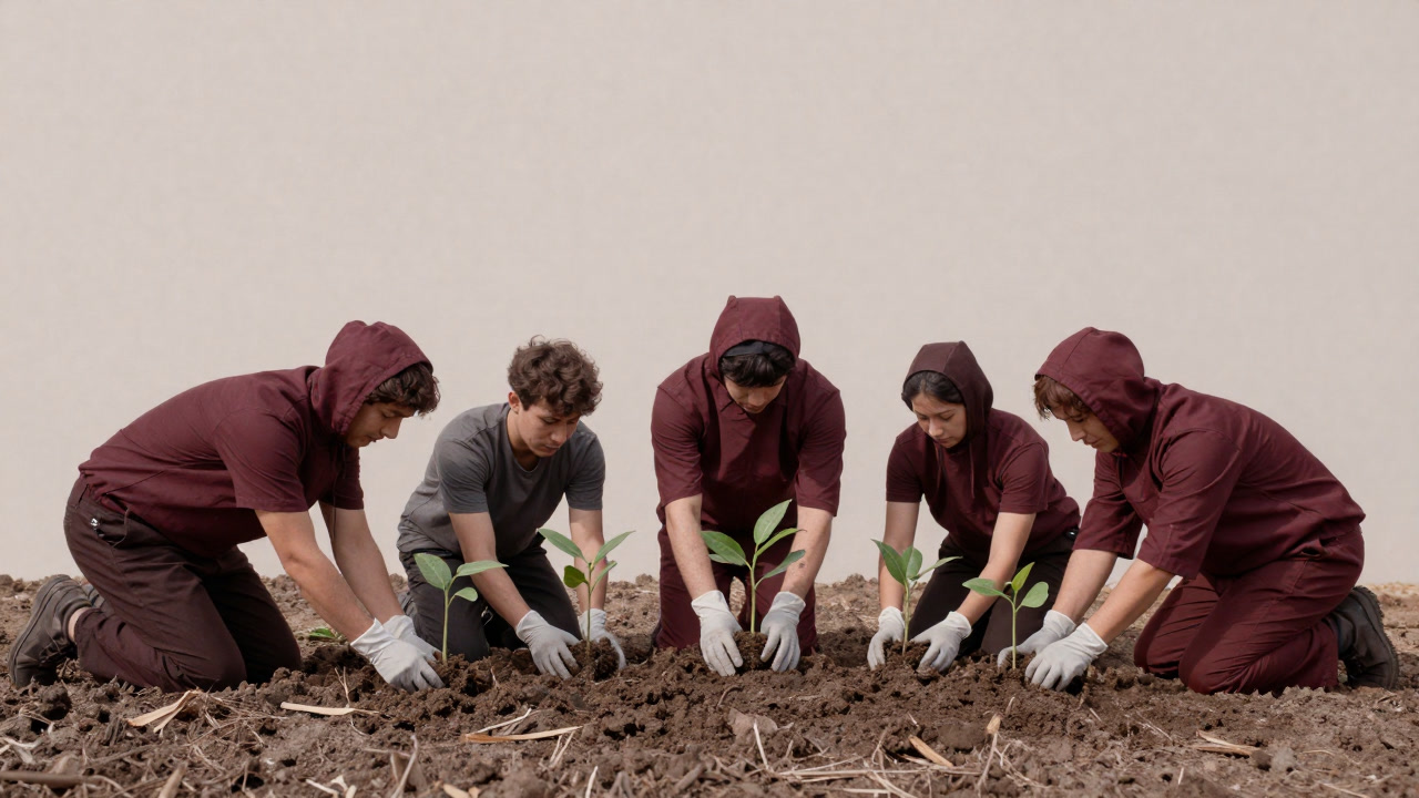 Photo of people wearing disposable gloves in a row planting muddy saplings