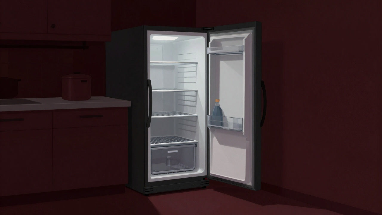 In a dim kitchen corner, an open refrigerator emits cold light onto rows of empty shelves.