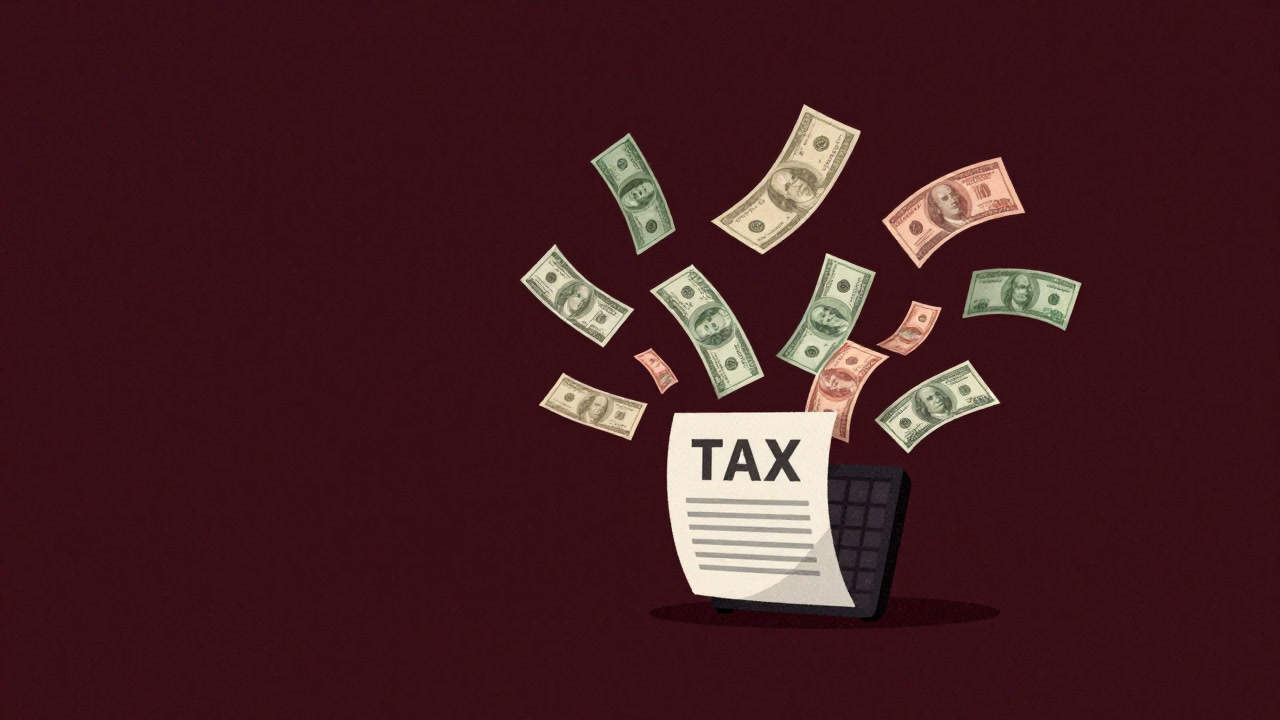 Illustration of banknotes flying out from a paperwork whirlwind in a tax office