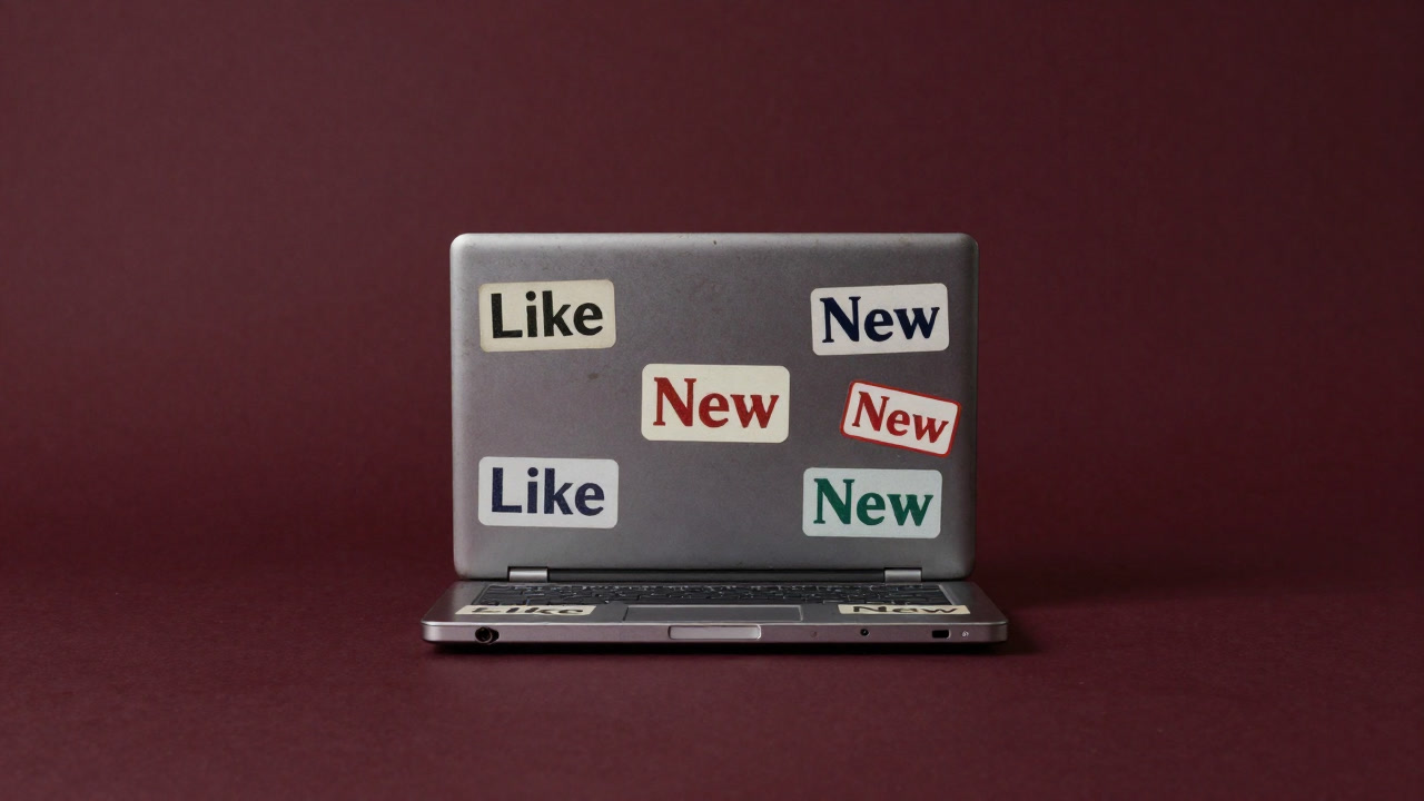 ボロボロのパソコンに色鮮やかなステッカーが貼られ、“新品”と主張する写真