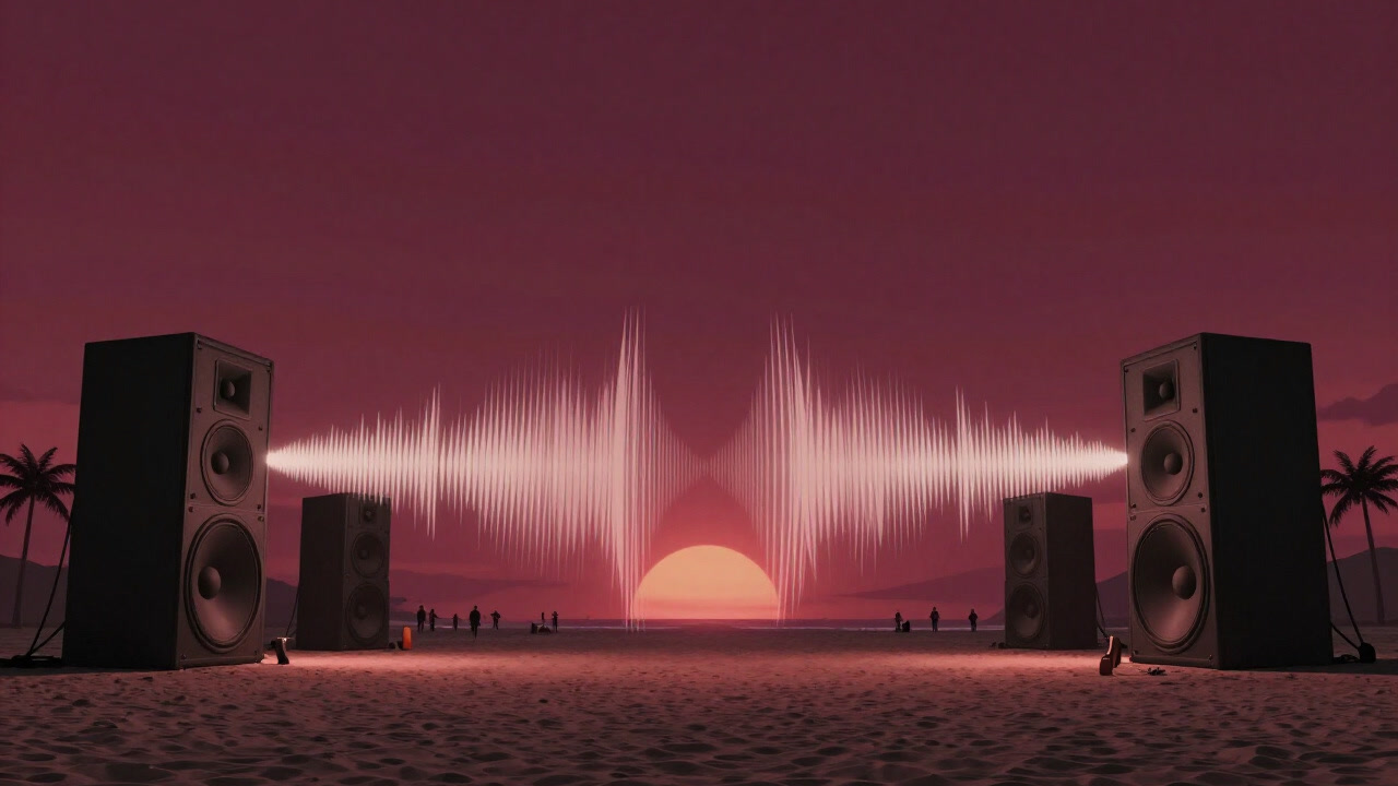 南国のビーチで夕陽を背に、巨大なスピーカーから低音が波打つ幻想的な光景