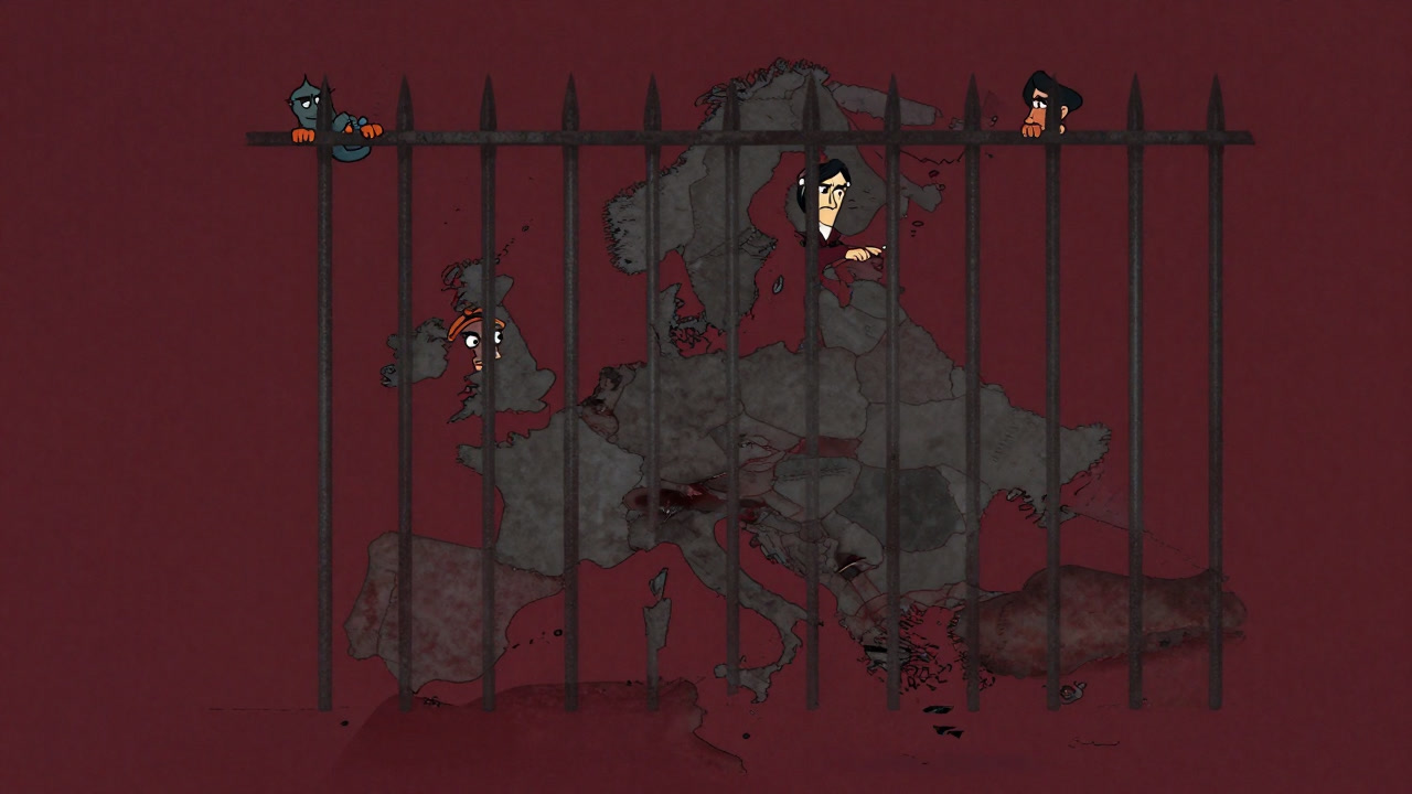 地図上に並ぶ国々が鉄格子で囲まれ、互いの顔を眺める風刺画