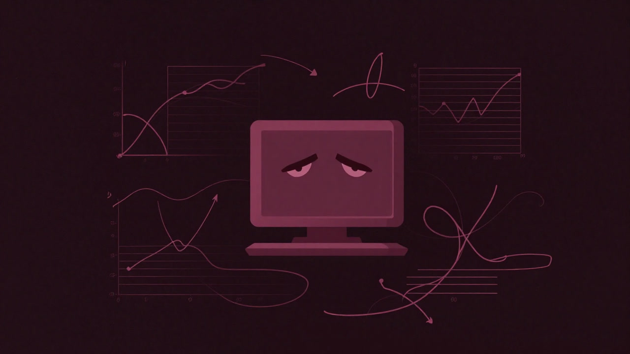黒い背景に様々な回帰直線と散布図が混在し、混乱した表情を浮かべる計算機のイラスト