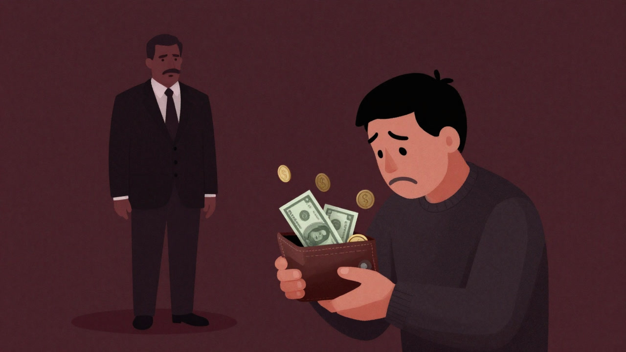 Illustration of bills siphoning out of a low-income person's wallet