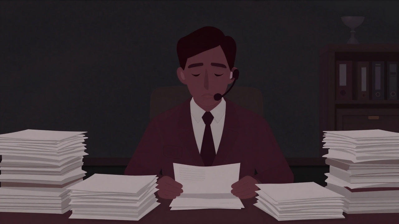Illustration of a service agent buried under a pile of reports, standing blankly with an empty expression