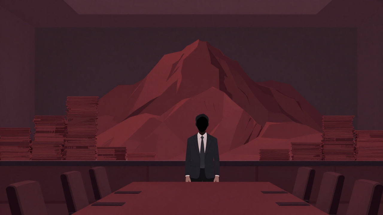 A suited figure with an expressionless face stands before a mountain of stacked documents in a grand conference room