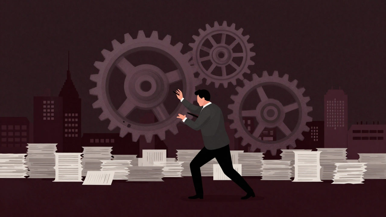 Illustration of an official manipulating giant gears against a backdrop of a city buried in paperwork