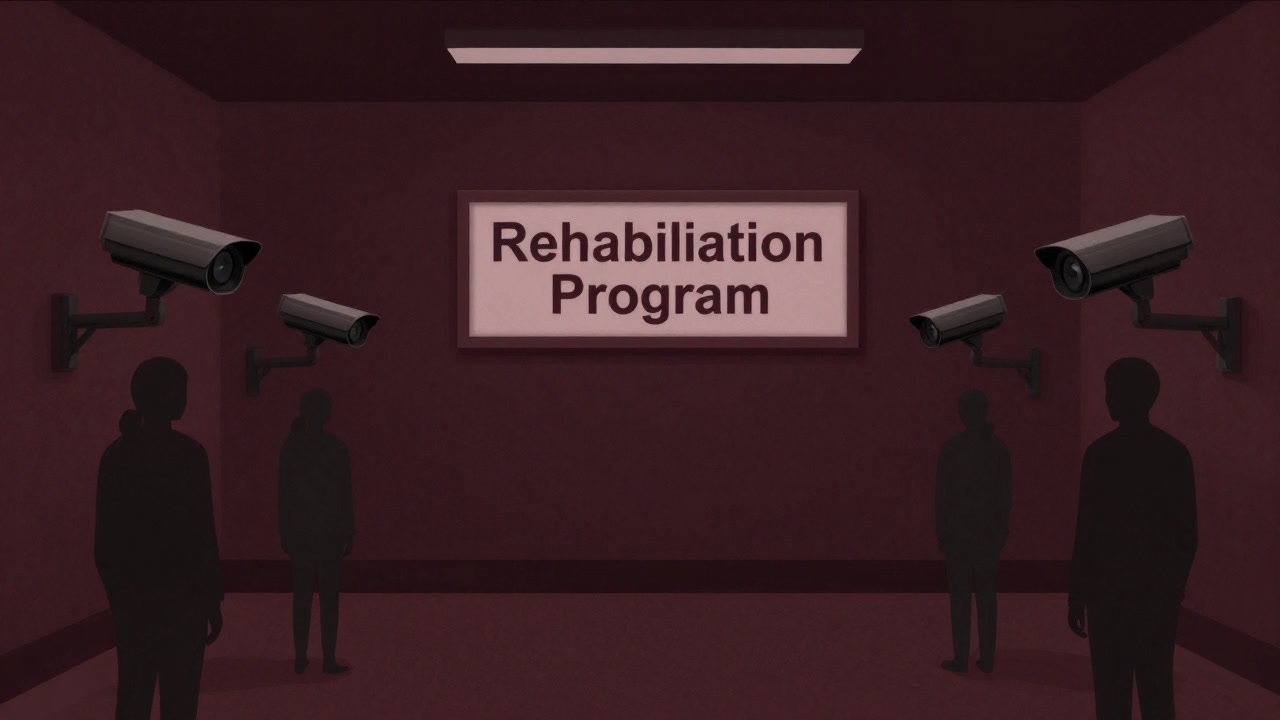 An image featuring a rusted prison wall plastered with a 'Rehabilitation Program' sign and silhouettes of participants watched by surveillance cameras.