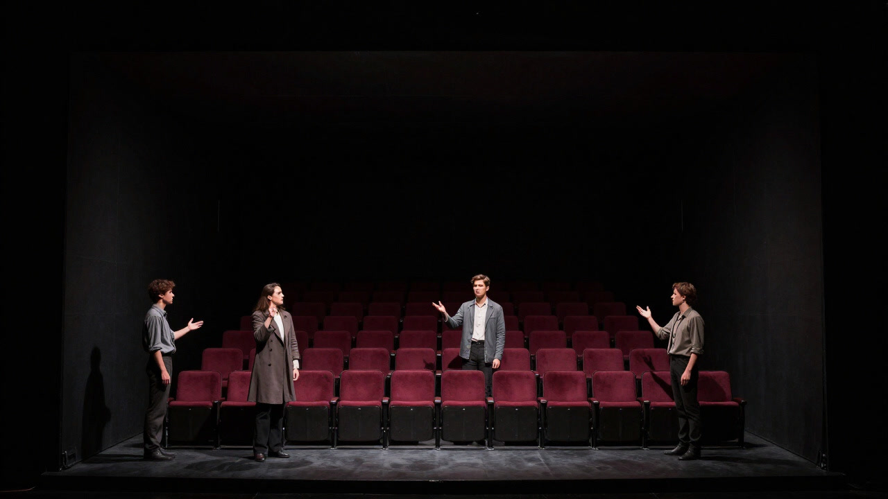 舞台の一角で俳優たちが虚空に向かって動きを確認している様子。