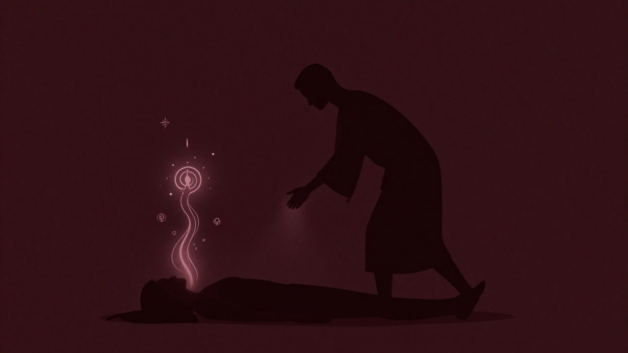 手をかざす女性の手元からキラキラしたエネルギーが放たれているイメージ