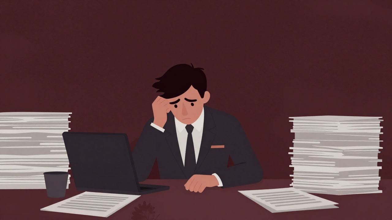 契約書の山に埋もれ、険しい表情を浮かべる保険会社の人物イラスト