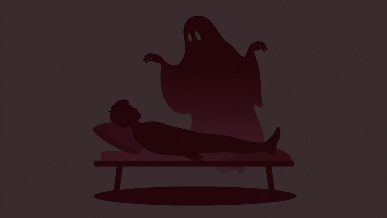 黒い影のように患者を取り囲み、再発の恐怖を象徴するイラスト