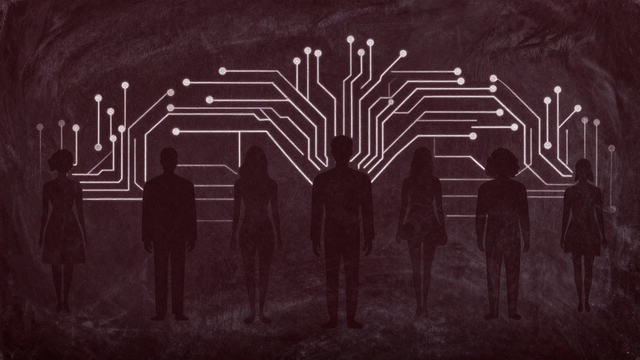 Silhouettes of people connected by circuit-like lines on a chalkboard, illustrating relational intelligence.