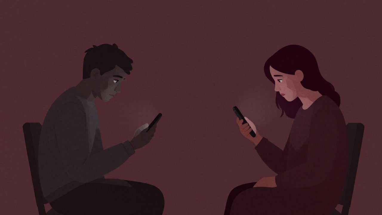 向かい合って目を合わせる二人が、心ここにあらずといった表情で互いのスマホを眺めるイラスト