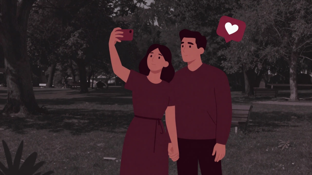 Silhouette of a couple holding hands, smiling proudly at their smartphone in a picturesque SNS-ready setting