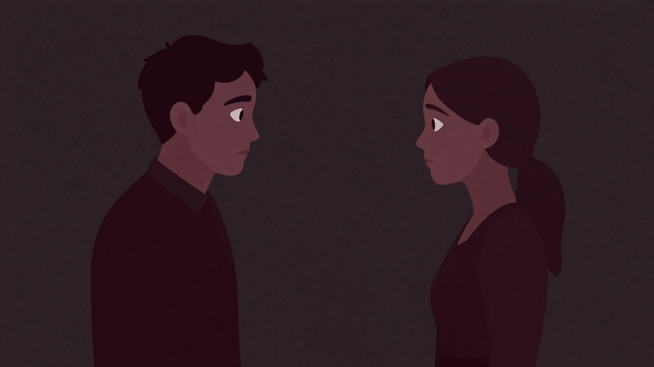Illustration of two people trapped in anxiety staring at each other with suspicion