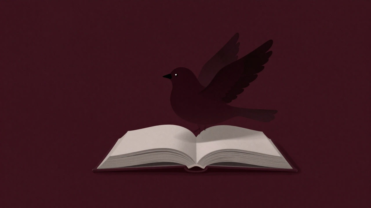 ページが開かれた瞬間に羽ばたくハート型の鳥が透明になり消えていく様子のイラスト