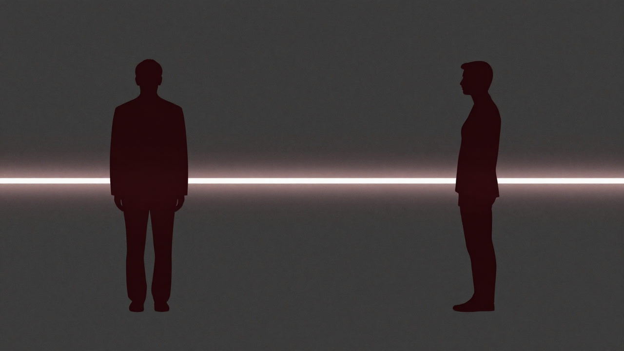 二人の間に引かれた白い線を前に立ち尽くす男女のシルエット