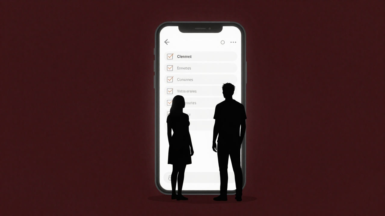 スマホの画面に映るチェックリストと、戸惑うカップルのシルエット