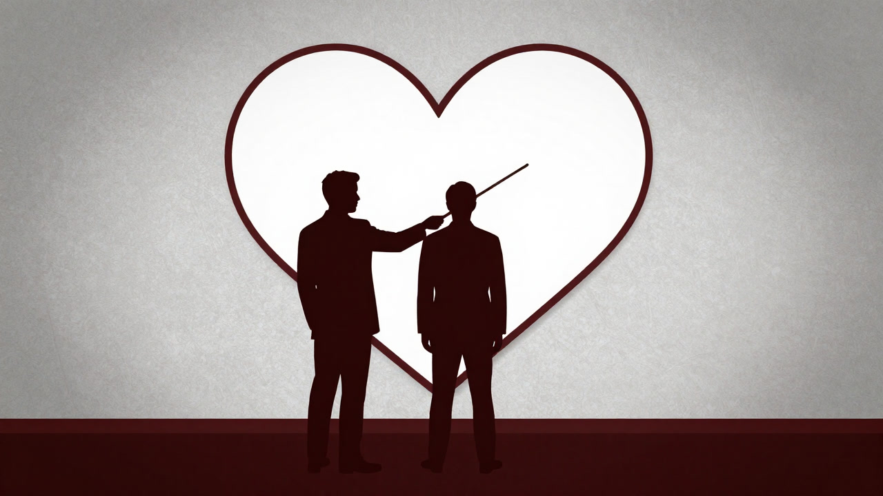 ハート型のホワイトボードを前に、クライアントの感情を操作するように指示棒を振るうコーチの影絵