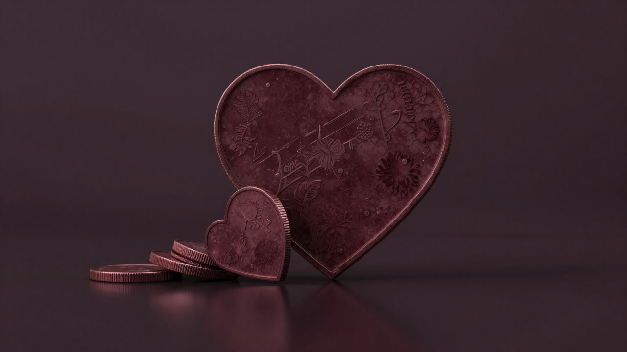 ハート形のコインが積み重なり、不安定に揺れるイメージ