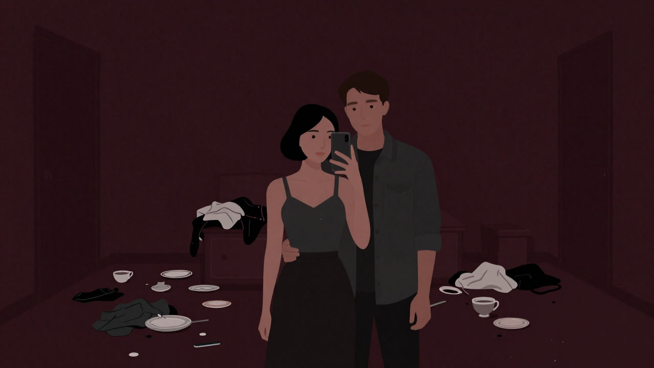 完璧な笑顔で自撮りするカップルの影と、その後ろに散らかった現実の部屋を重ね合わせたイラスト