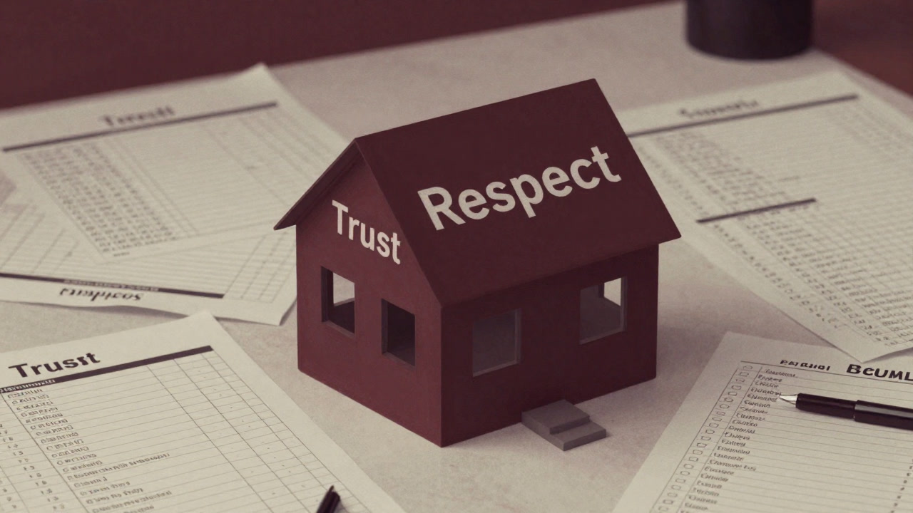 Illustration of a model house bearing trust as walls and respect as the roof
