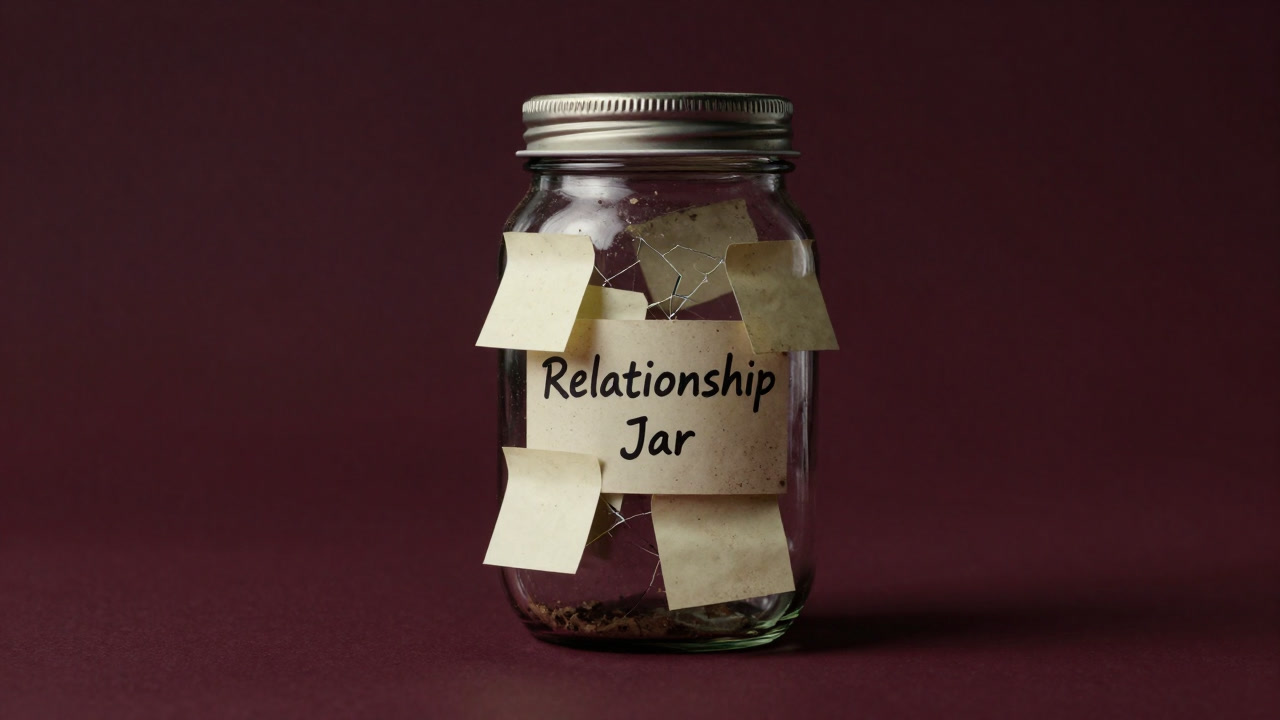 A worn glass jar labeled 'Relationship Jar' with countless sticky notes attached and visible cracks.