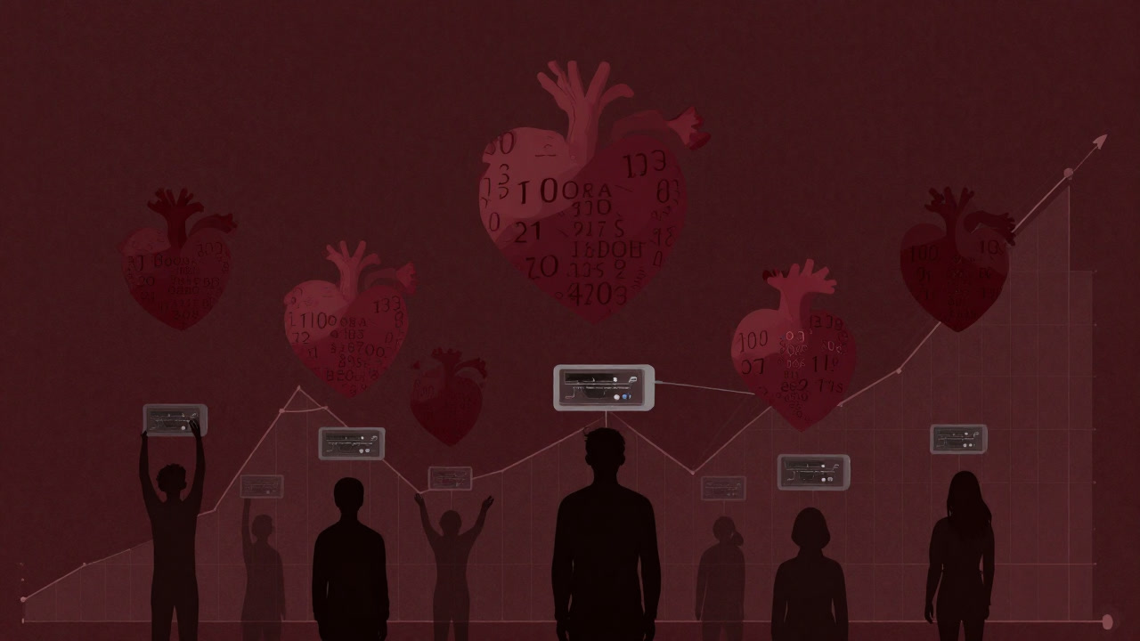 Numerical hearts floating over graphs with silhouettes of people reaching out to measuring devices