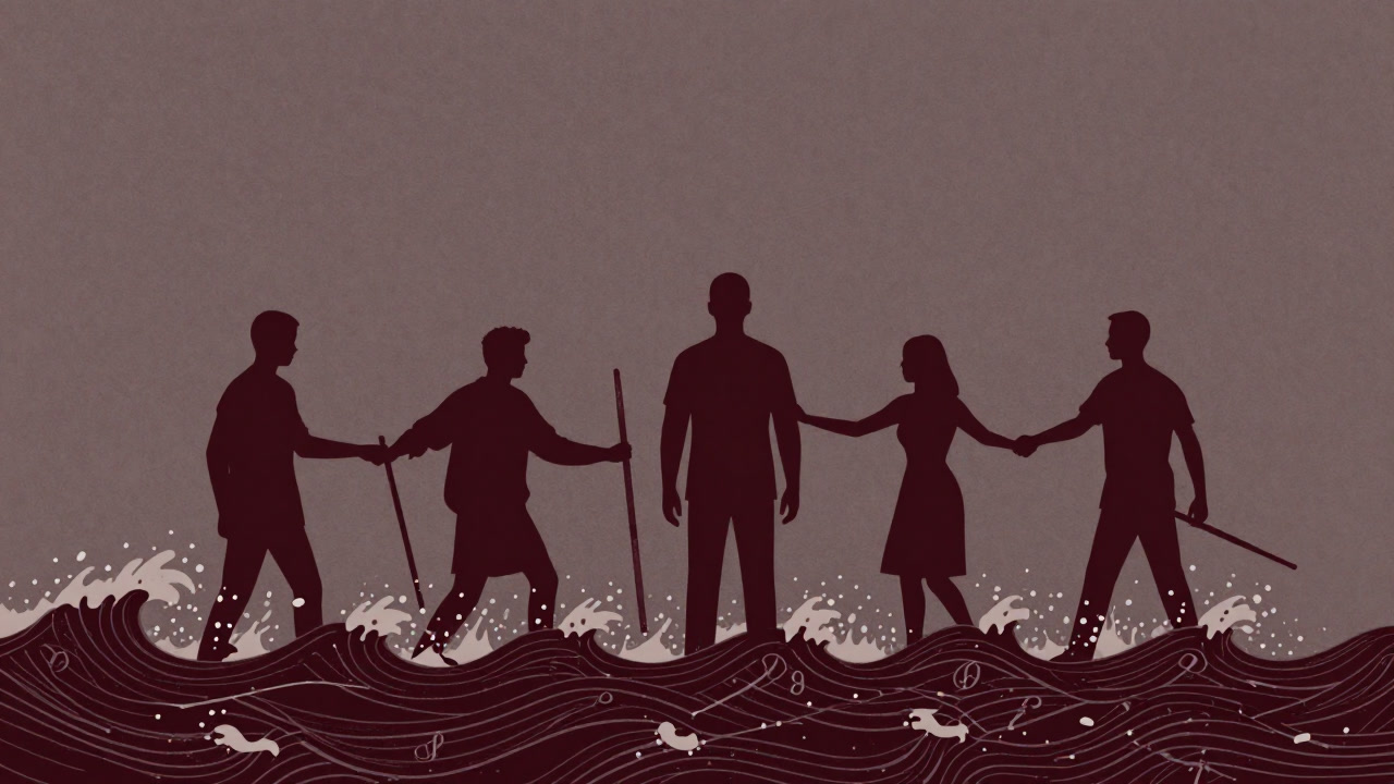 Silhouettes of people trying to measure bonds with a meter stick as waves of numbers crash around them