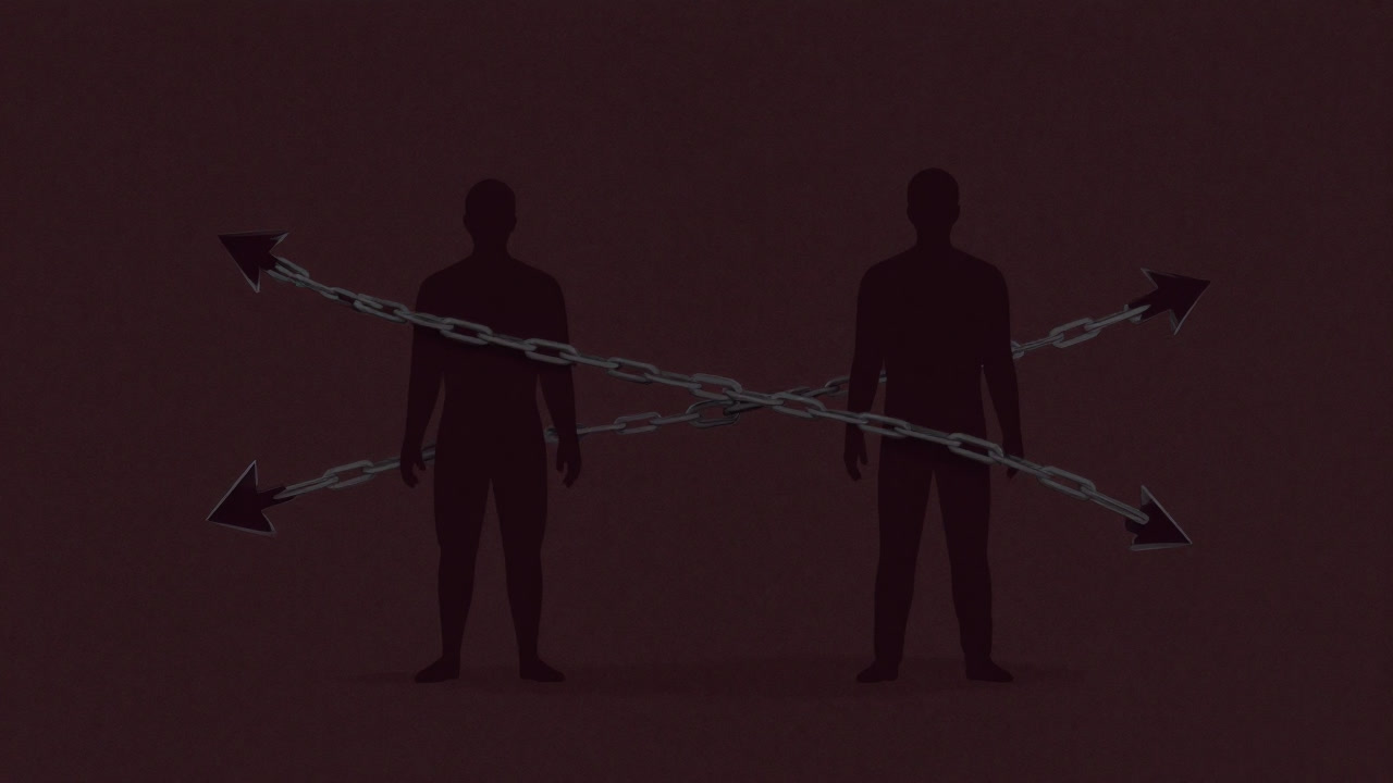 An illustration of intersecting silhouettes connected by countless chains of arrows in a shared space