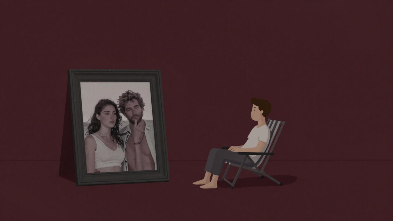 恋人の写真立てのそばに置かれたビーチチェアに一人座る人物のシルエット