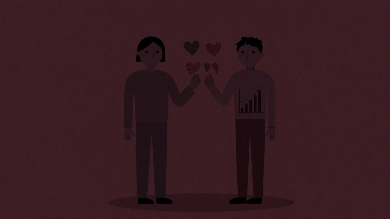 二人の手のひらにグラフとハートが描かれ、無表情で見つめるカップルのイラスト