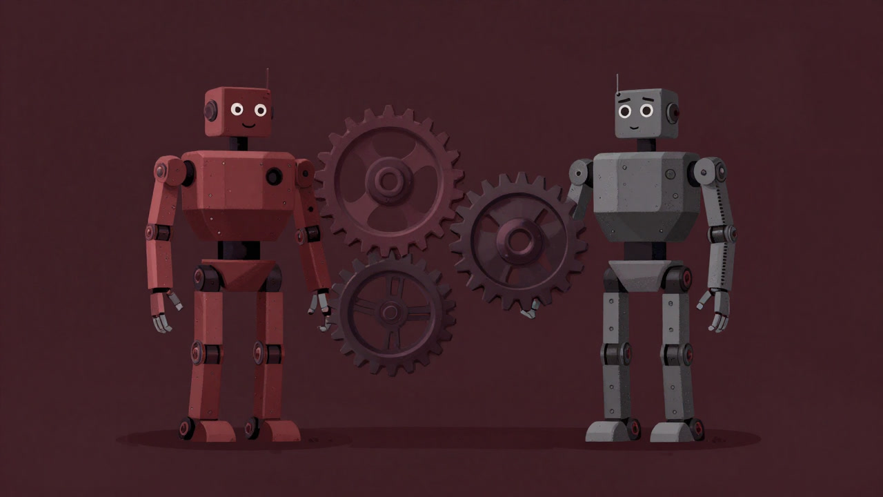 Illustration of two humanoid robots connected by misaligned gears and struggling to mesh.