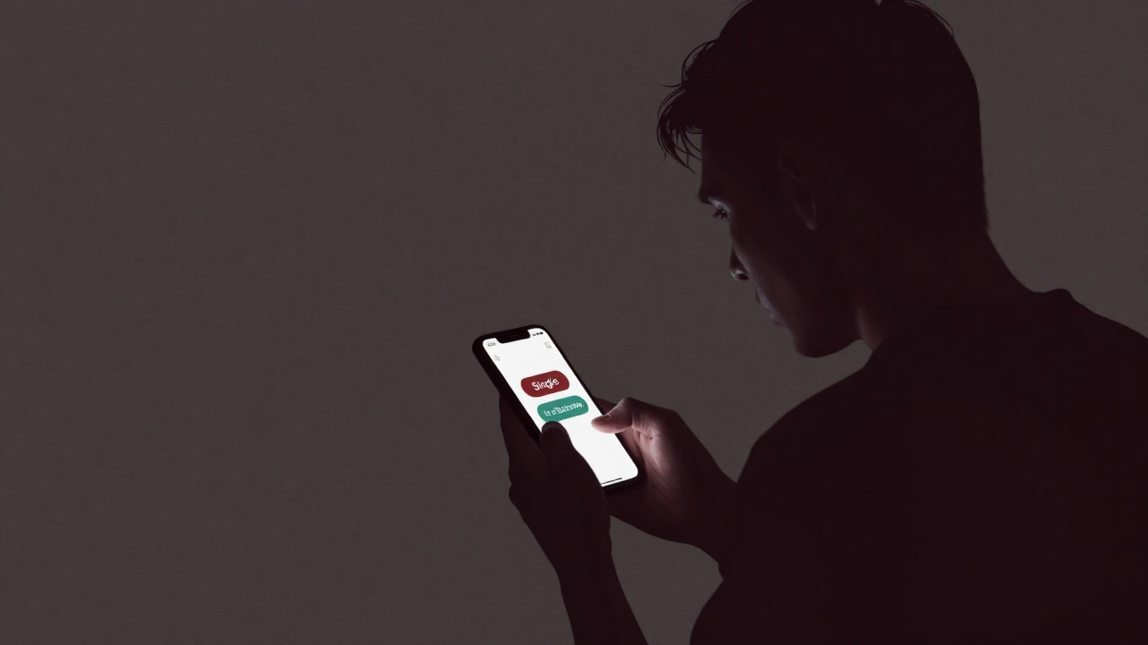 スマートフォン画面に表示された交際ステータスを見上げ、不安げな表情の人のシルエット