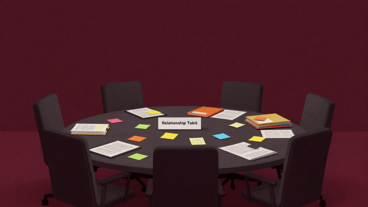 Image of a cluttered desk with various sticky note pads, colored folders, and workshop materials labeled 'Relationship Toolkit' scattered around.