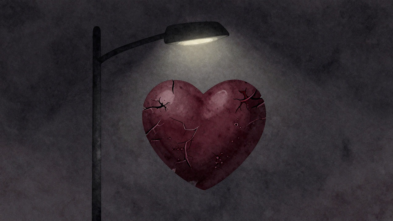 Illustration of a battered heart-shaped object glowing faintly on a dark street corner, symbolizing a broken heart