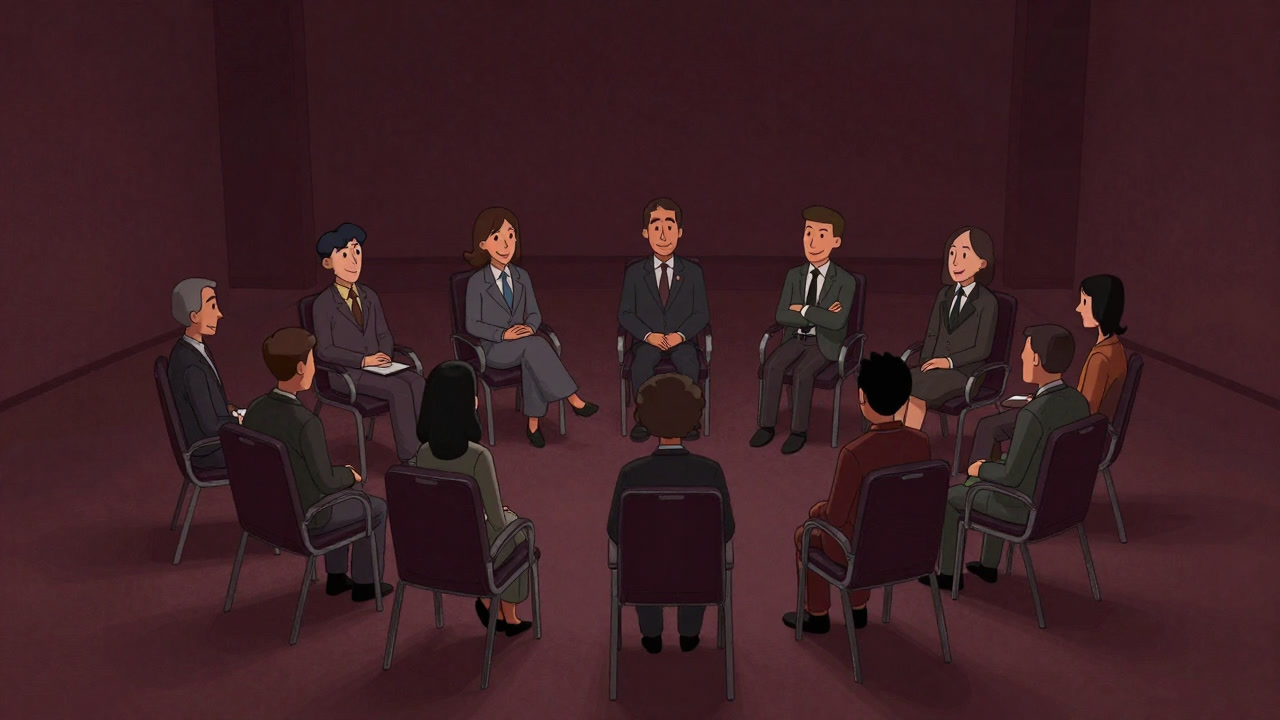 An overhead shot of participants sitting in a circle with awkward smiles, looking at each other in a workshop room.