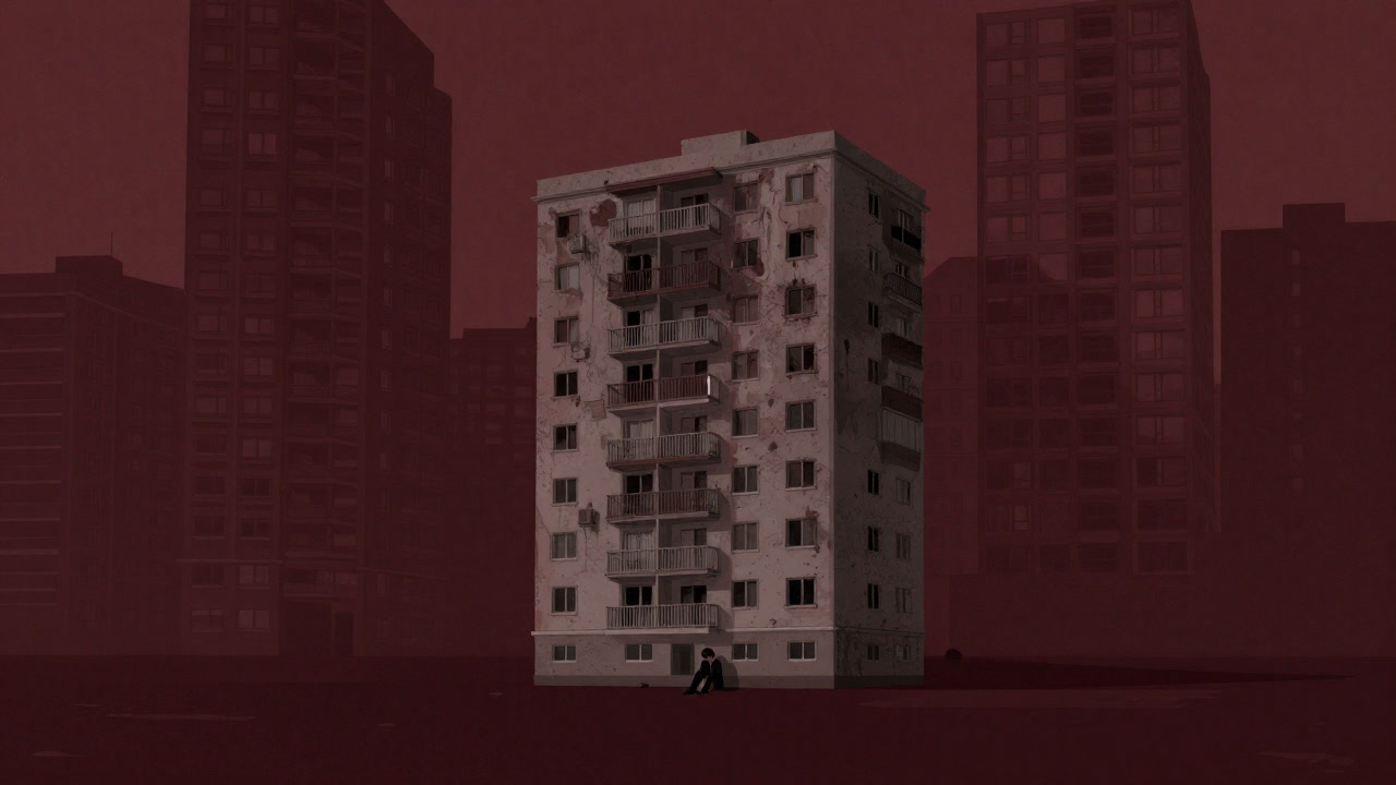 高層マンション群を背景に、一人だけ小さなアパートで肩を落とす人物のシルエット
