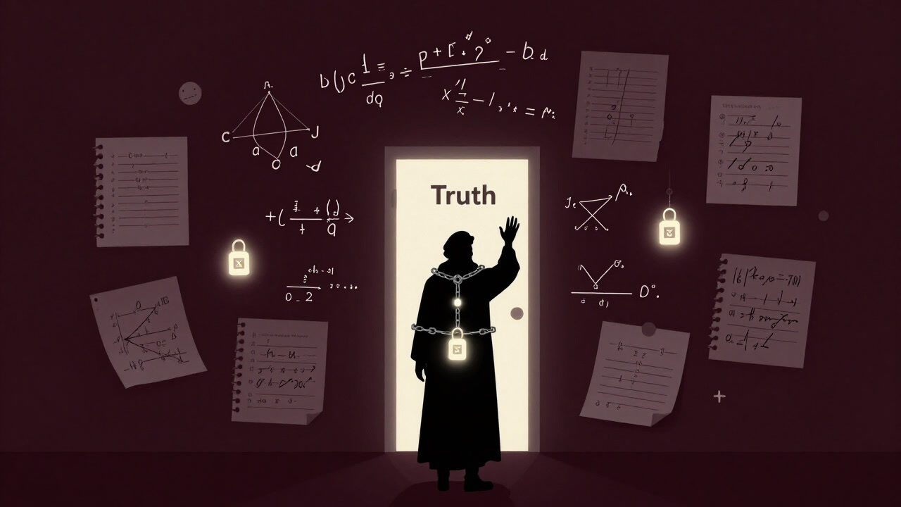 A silhouette of a person in a dim study, surrounded by formulas and scorecards, chasing truth yet chained by assurances.