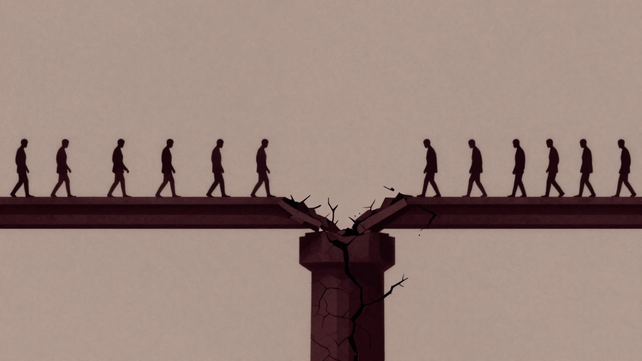 An illustration of a cracked column on a broken footbridge, about to collapse under the weight of people.