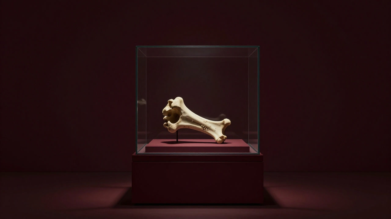 Image of an old bone fragment lying quietly in a glass case, illuminated by self-lighting display stand