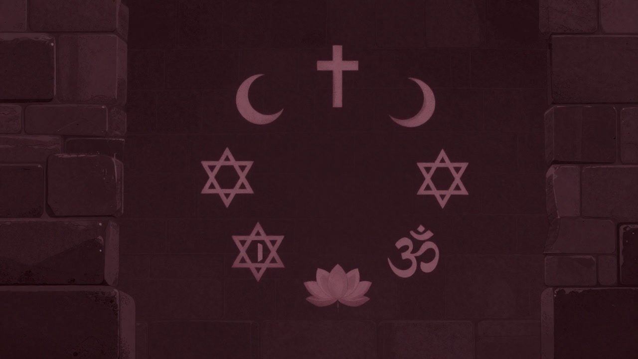 Illustration of various religious symbols forming a circle, surrounded by a high wall of exclusion.