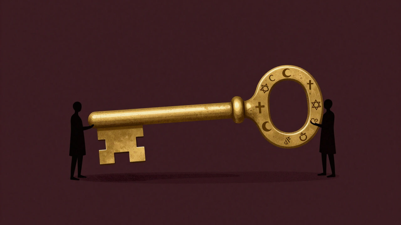 Illustration of people turning a giant key engraving multiple religious symbols